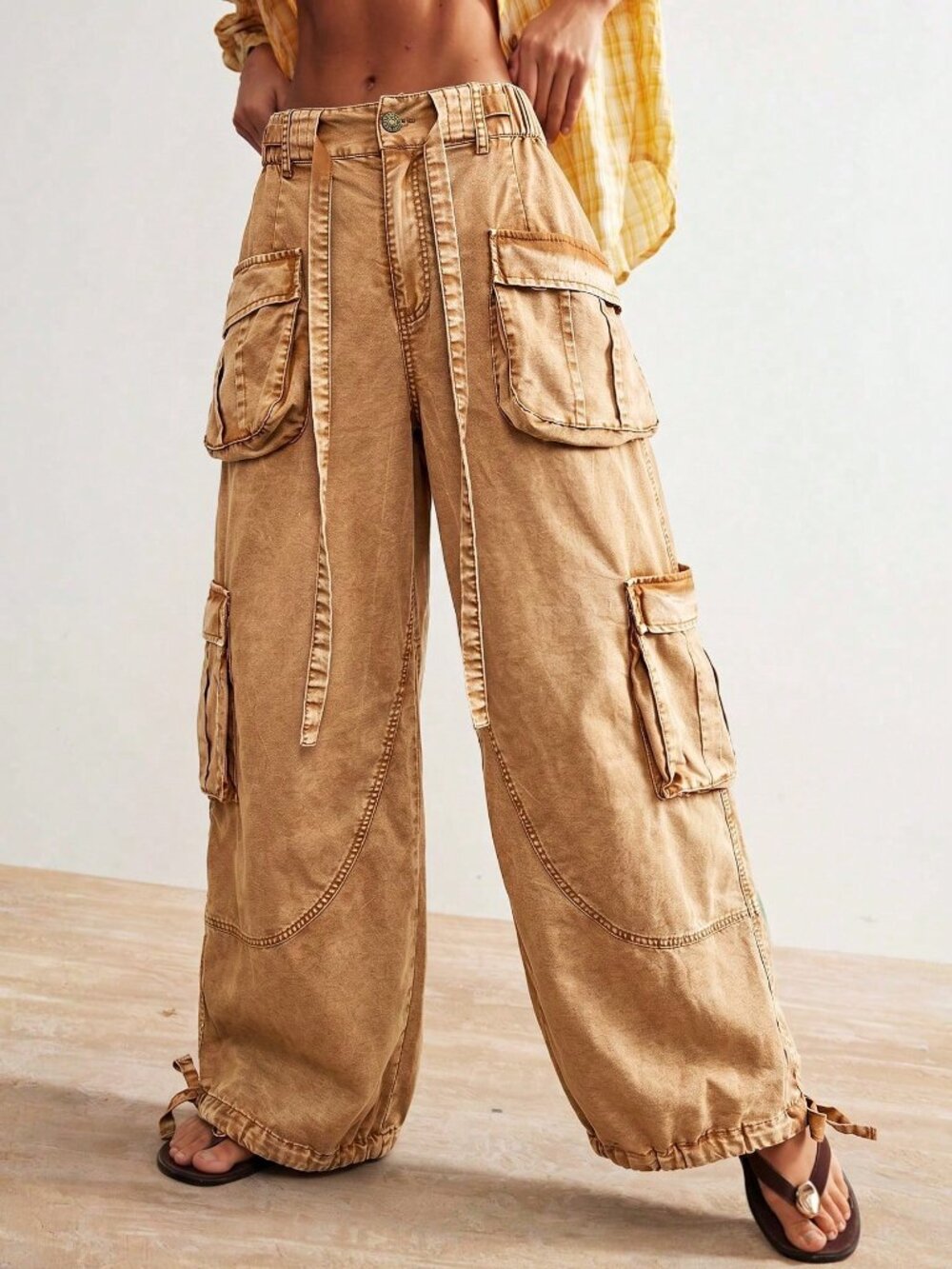 Brown Casual Women's Woven Loose Cuffed Low Waist Loose Long Pants - Picture 10 of 10